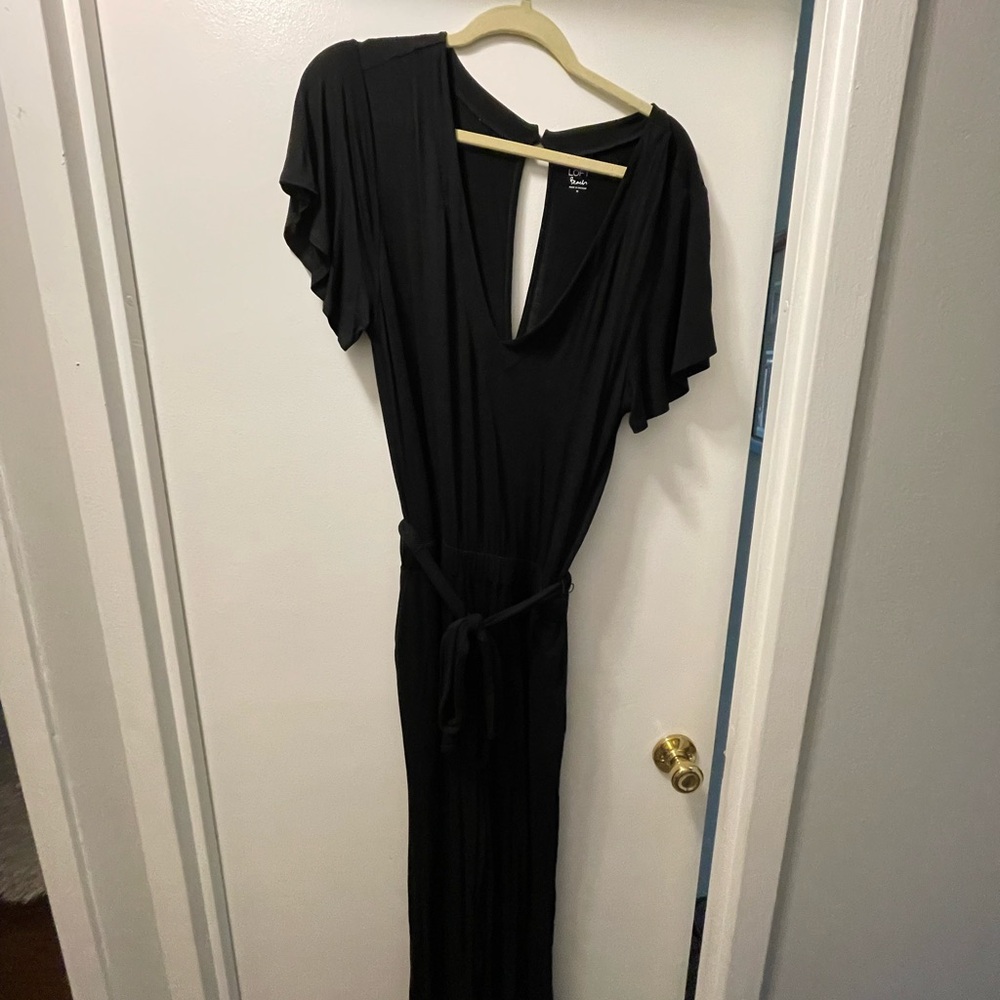 LOFT Black Flutter-Sleeve V-Neck Belted Jumpsuit